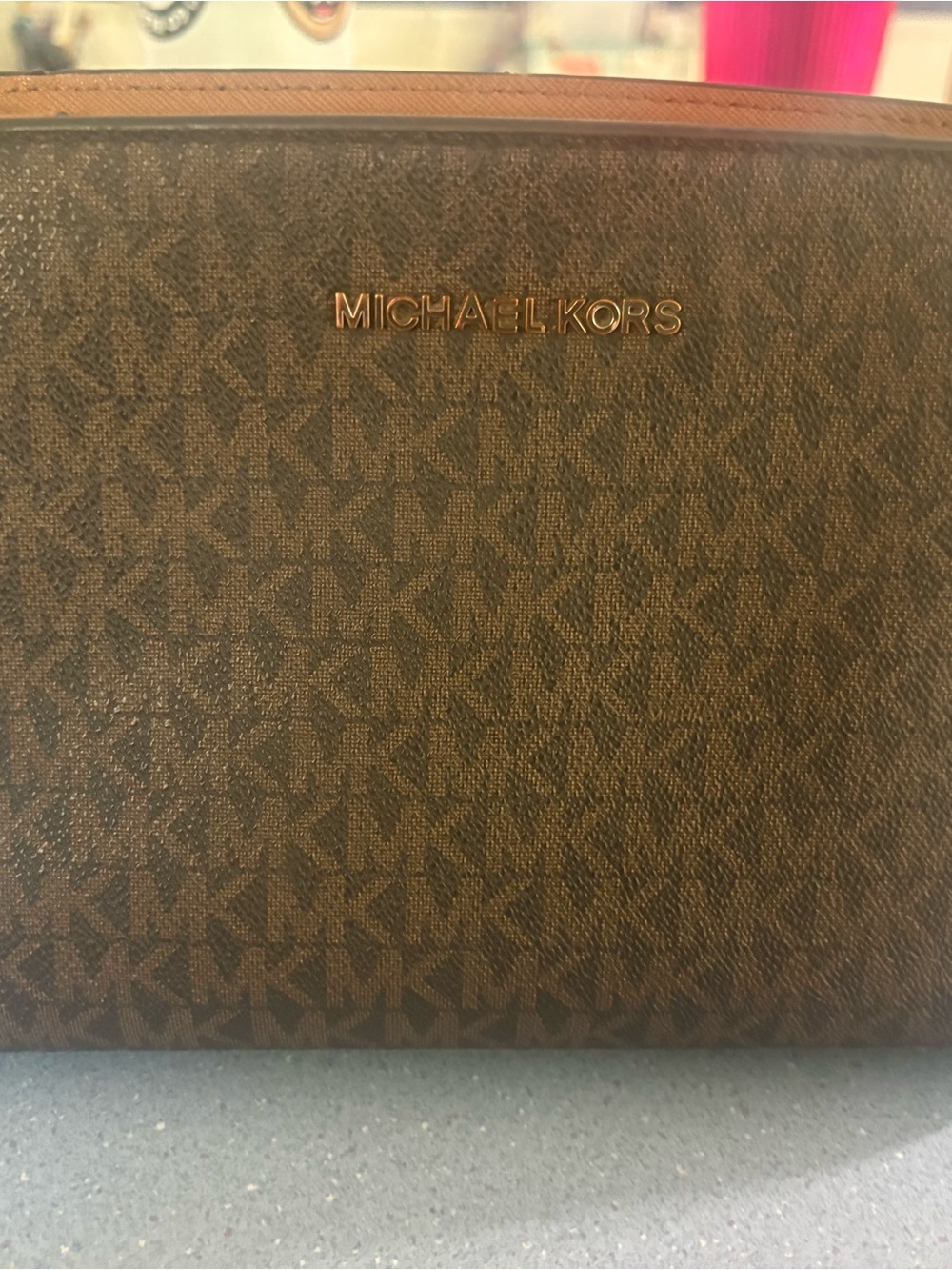 Michael Kors Brown Logo Crossbody Purse with Gold Nameplate